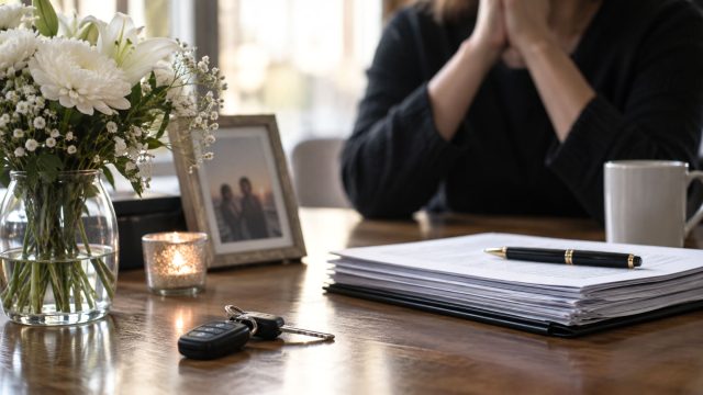 Legal documents, car keys, memorial flowers, and a framed family picture on a table while a grieving relative sits in the background.
