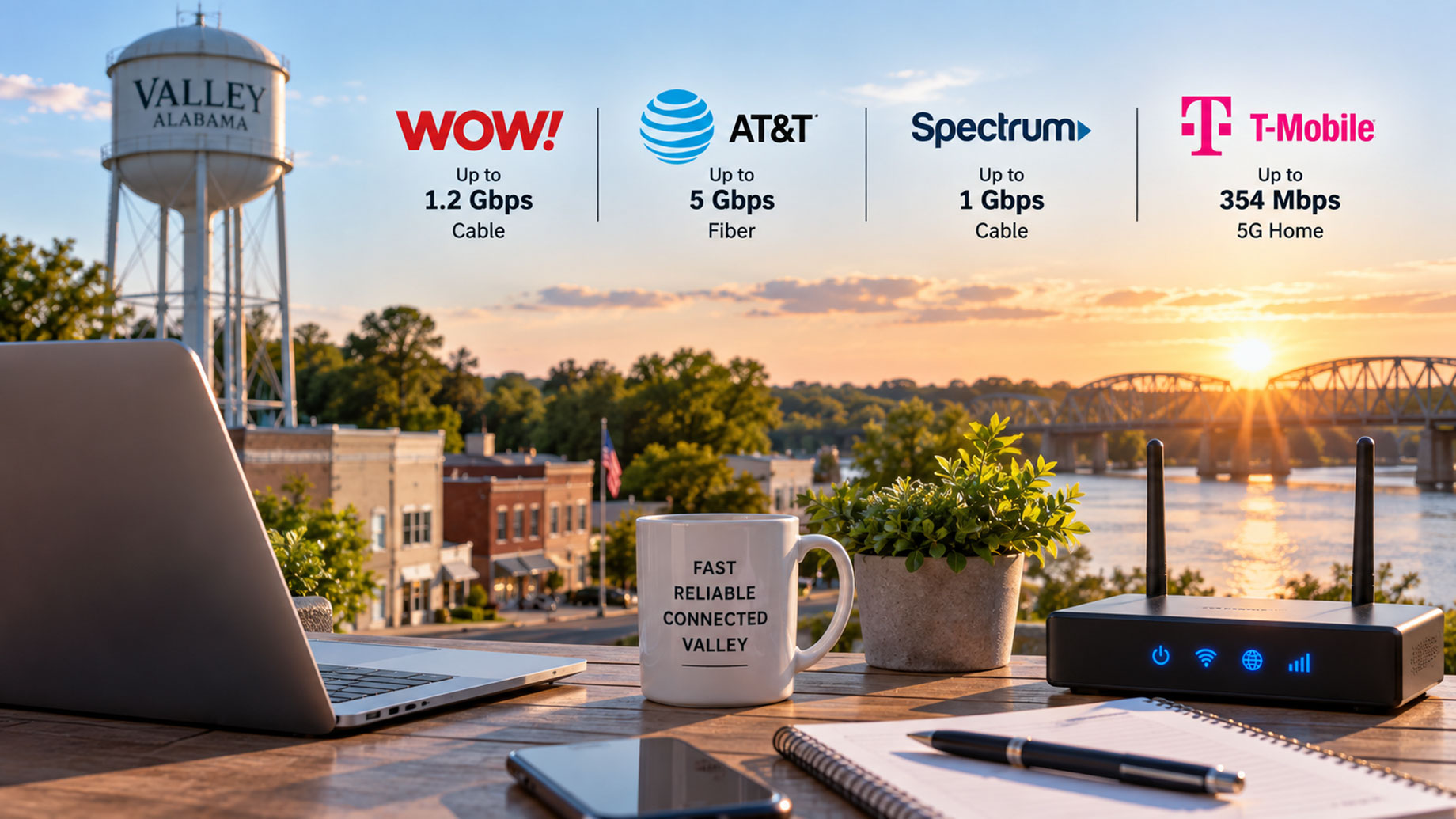 Valley, Alabama internet comparison featuring WOW!, AT&T Fiber, Spectrum, and T-Mobile 5G with a home router, laptop, and local skyline.