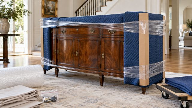 Fine wood sideboard protected with quilted moving blankets, cardboard corner guards, and stretch wrap before transport.