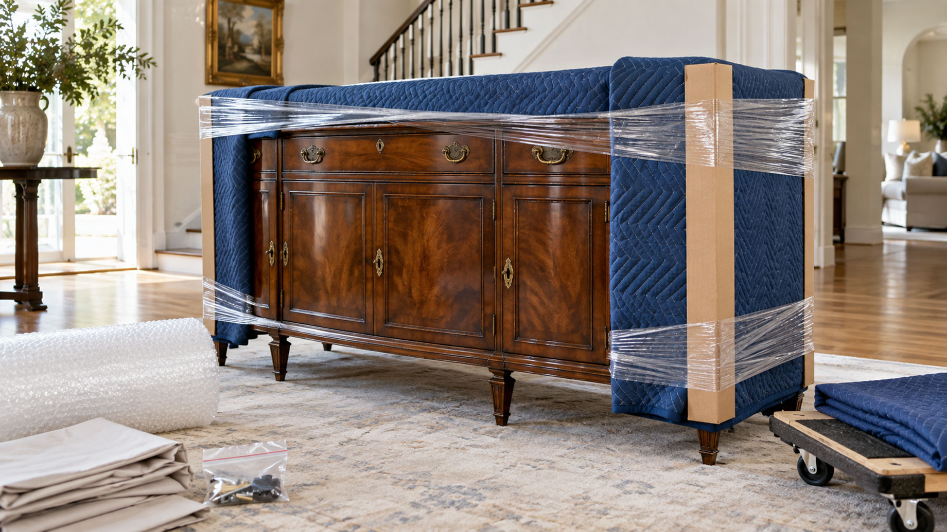 Fine wood sideboard protected with quilted moving blankets, cardboard corner guards, and stretch wrap before transport.