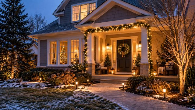 Suburban home decorated with warm white holiday lights, evergreen garland, a front-door wreath, pathway lighting, and light snow at twilight.