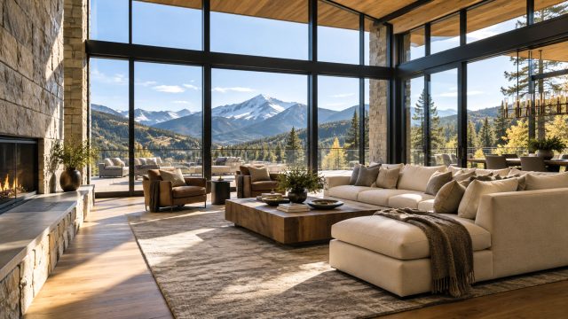 Luxury mountain home living room with floor-to-ceiling black-framed windows, stone walls, warm wood finishes, and expansive alpine views.