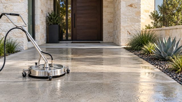 A surface cleaner rests on wet concrete outside a limestone home with a dark wood door, agave, and ornamental grasses.