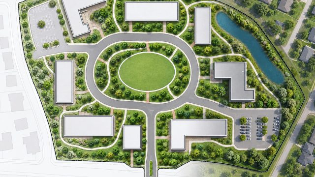 Top-down site plan transformed into a landscaped master plan with building footprints, circular roads, parking, pathways, trees, and a pond.