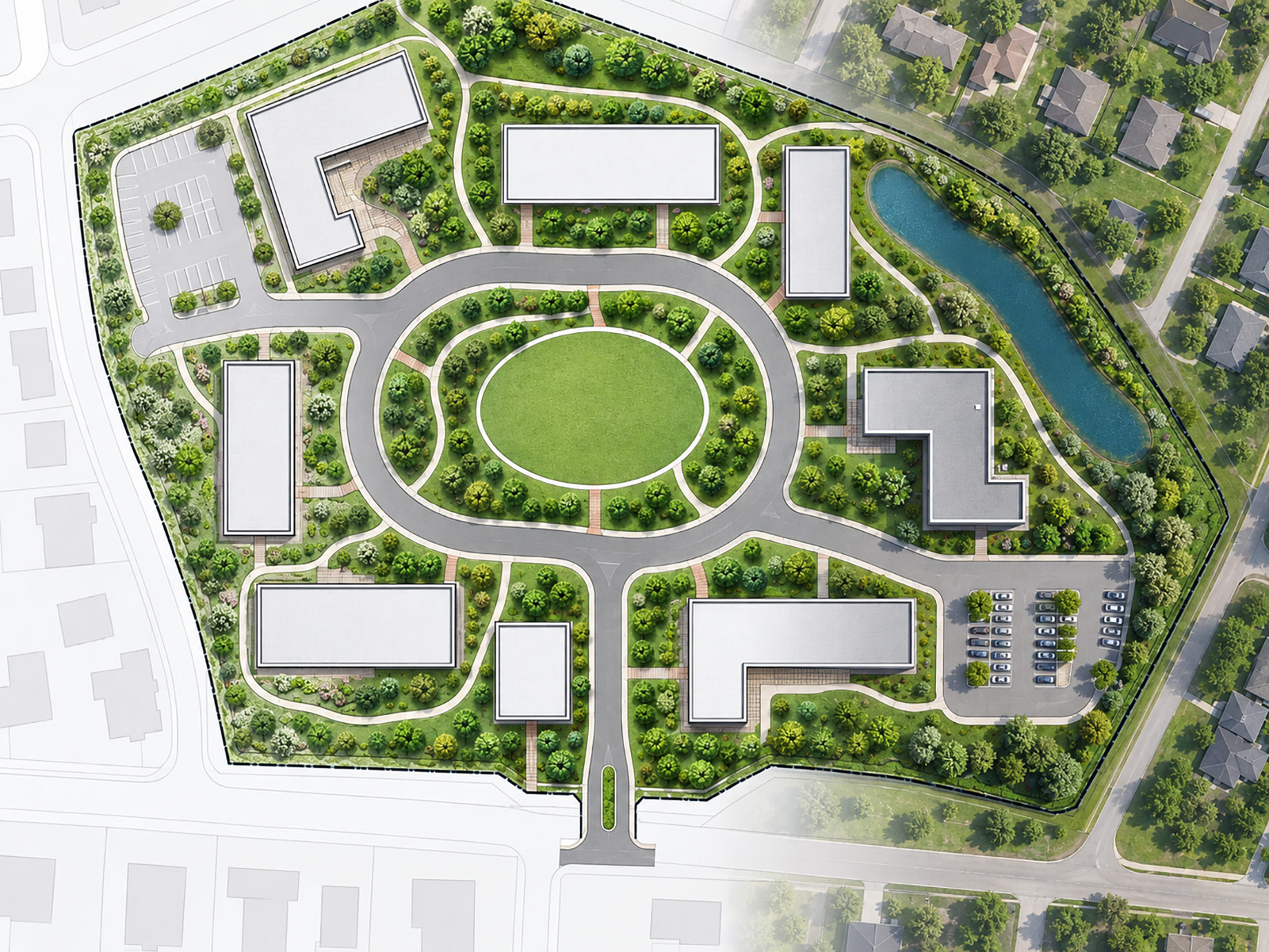 Top-down site plan transformed into a landscaped master plan with building footprints, circular roads, parking, pathways, trees, and a pond.