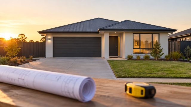 Newly built single-storey home at sunset with rolled building plans and a tape measure on a worktable in the foreground.