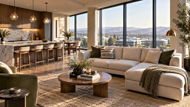 Modern furnished corporate apartment in Silicon Valley with an open kitchen, contemporary living area, and expansive views through floor-to-ceiling windows.