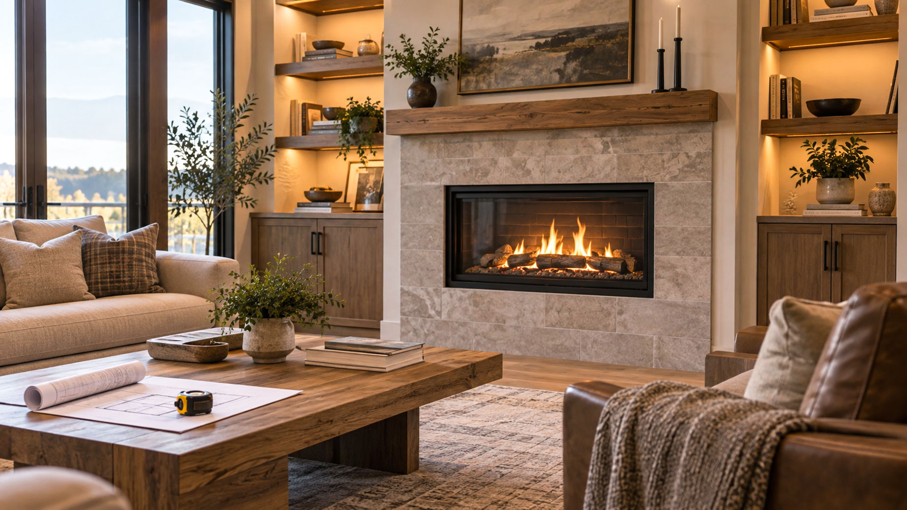Glass-fronted gas fireplace with a stone surround and timber mantel, flanked by illuminated shelves, with plans and a tape measure on a coffee table.