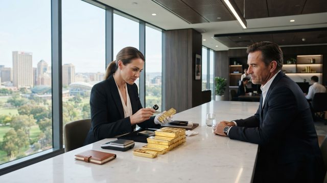 Gold buyer inspecting and weighing gold bars during a professional valuation appointment in a modern Adelaide office.