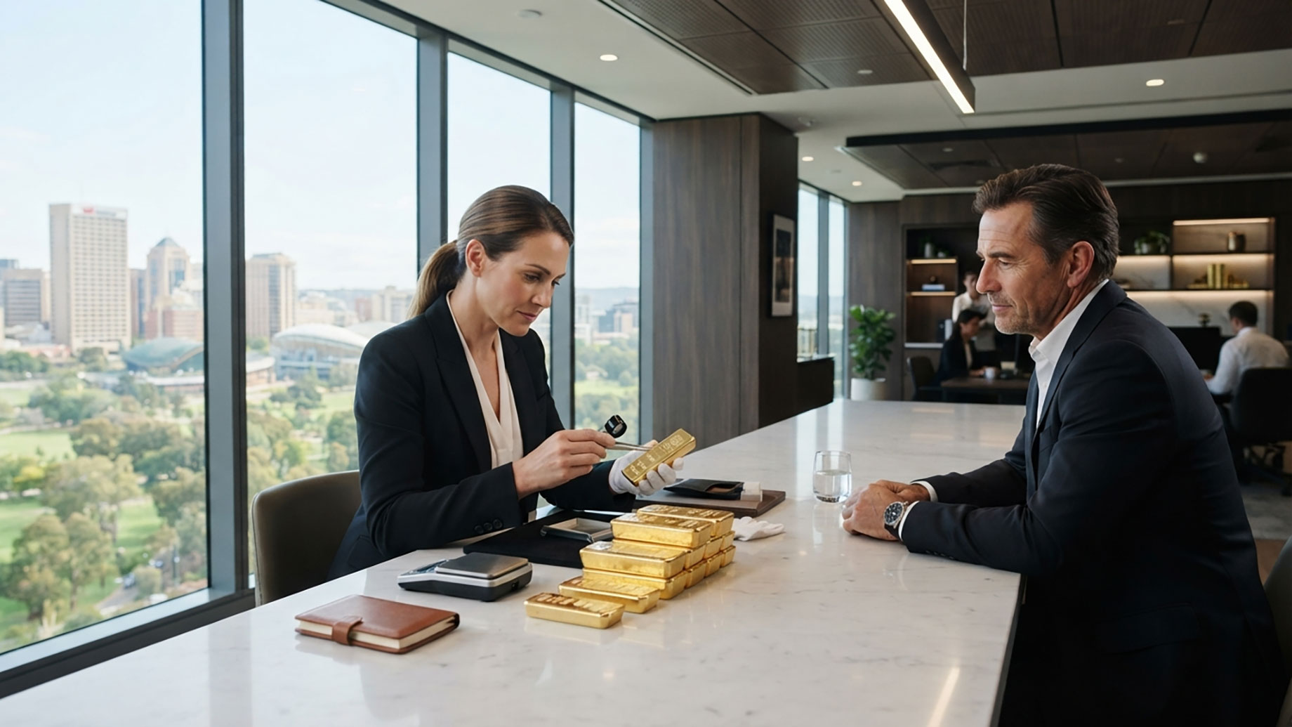 Gold buyer inspecting and weighing gold bars during a professional valuation appointment in a modern Adelaide office.