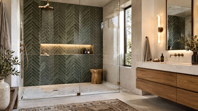 Green patterned shower tiles, brass fixtures, and an illuminated recessed shelf behind frameless glass beside a floating wooden vanity.