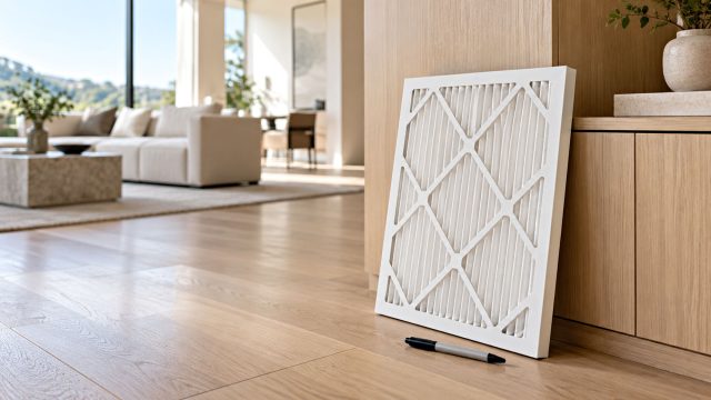 Clean pleated HVAC air filter beside a marker in a bright contemporary luxury home with warm wood finishes and natural light.