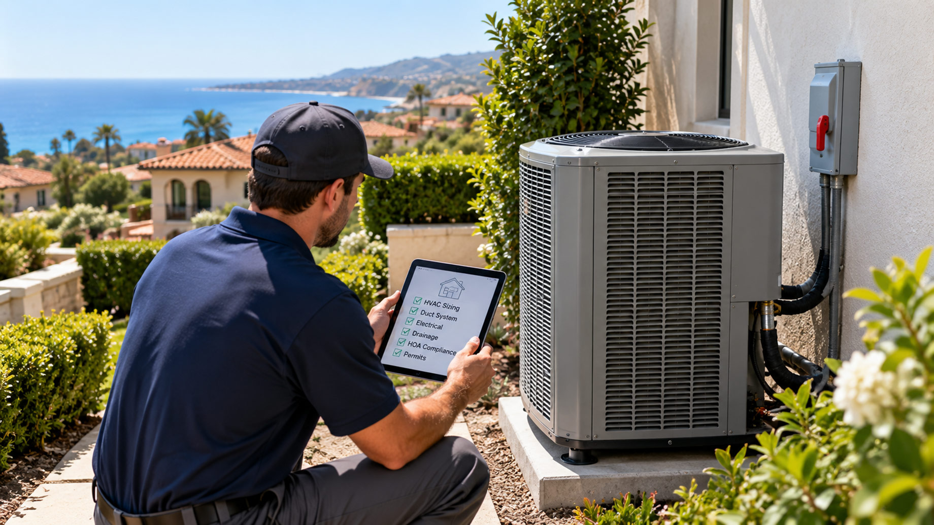 HVAC technician reviews an outdoor condenser installation beside a South Orange County home with coastal views and mature landscaping.