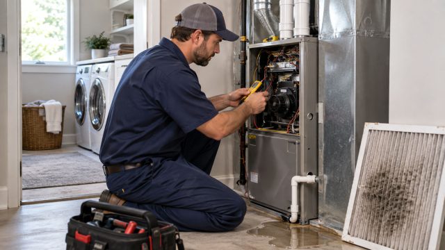 Technician using a handheld meter beside an open furnace, with a dirty air filter and a puddle on the tiled floor.