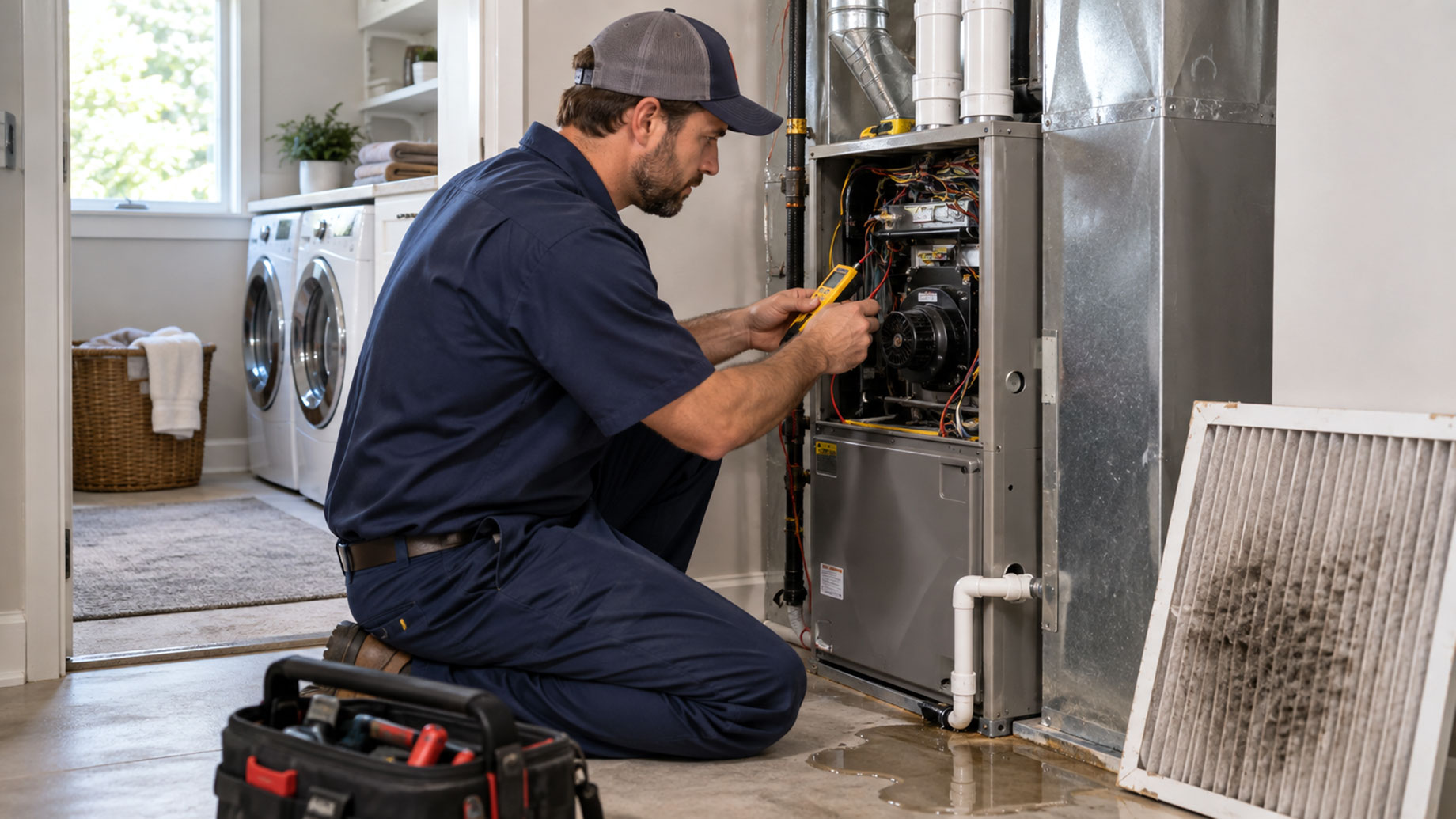 Technician using a handheld meter beside an open furnace, with a dirty air filter and a puddle on the tiled floor.