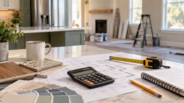 Calculator, tape measure, floor plans, and material samples on a kitchen island, with a home renovation underway in the background.