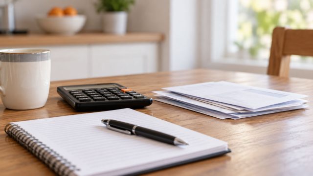 Calculator, lined notebook, black pen, and stacked paperwork on a wooden kitchen table beside a white ceramic mug.
