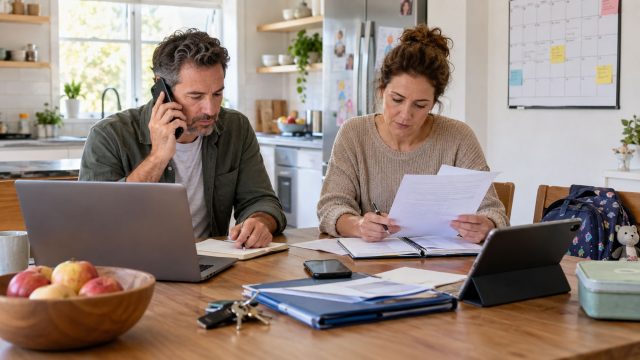 A man speaks on the phone while a woman reviews documents at a kitchen table with a laptop, tablet, and open notebooks.