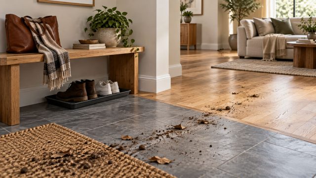 Modern entryway with a wooden bench, shoes, leather bag, and dirt scattered across tile flooring into the adjoining living room.