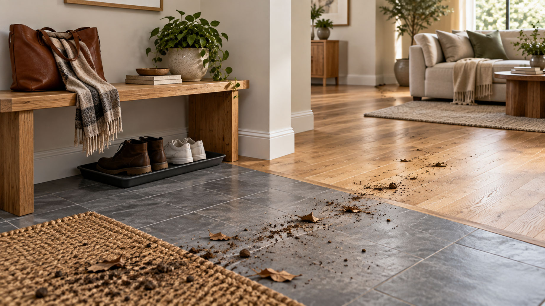 Modern entryway with a wooden bench, shoes, leather bag, and dirt scattered across tile flooring into the adjoining living room.