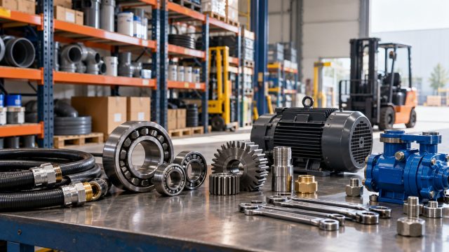 Industrial supply warehouse with bearings, gears, hoses, tools, fittings, an electric motor, and pump components arranged on a workbench.