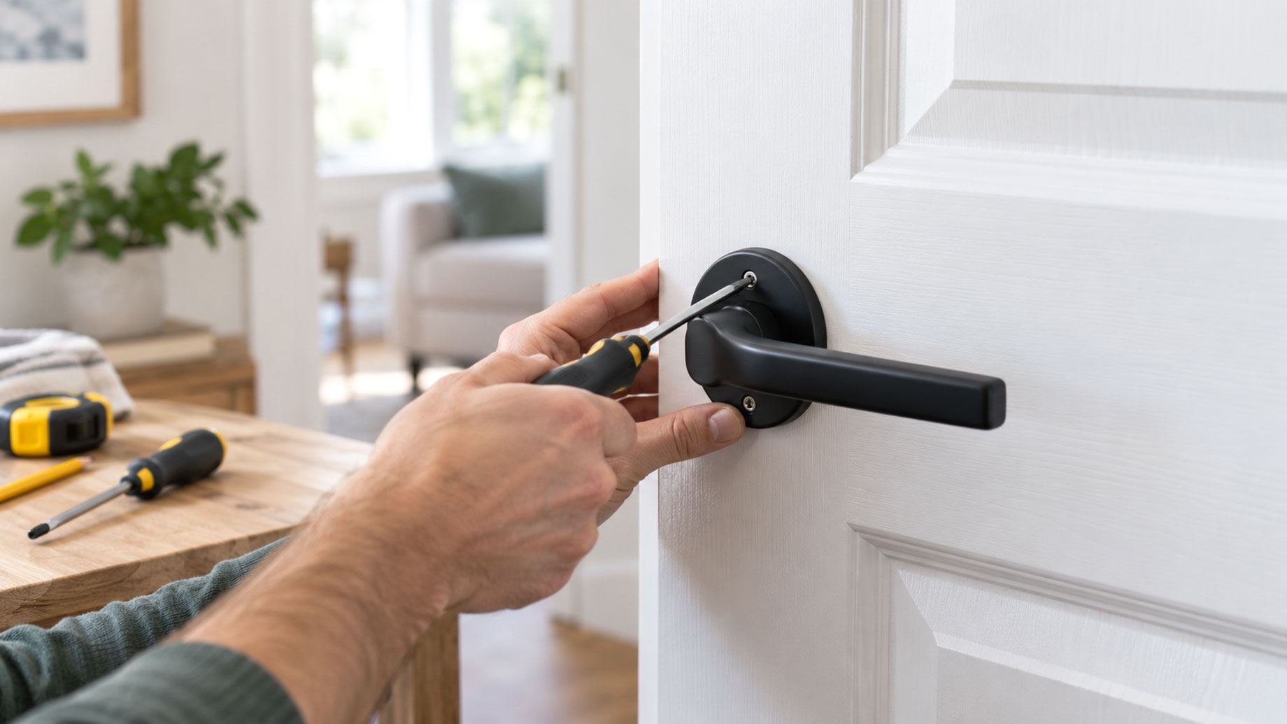 Hands installing a matte black dummy door handle on a white paneled interior door using a Phillips-head screwdriver.