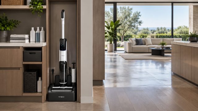Tineco wet-dry floor cleaner docked in a built-in utility niche beside a contemporary living area with wood and stone flooring.