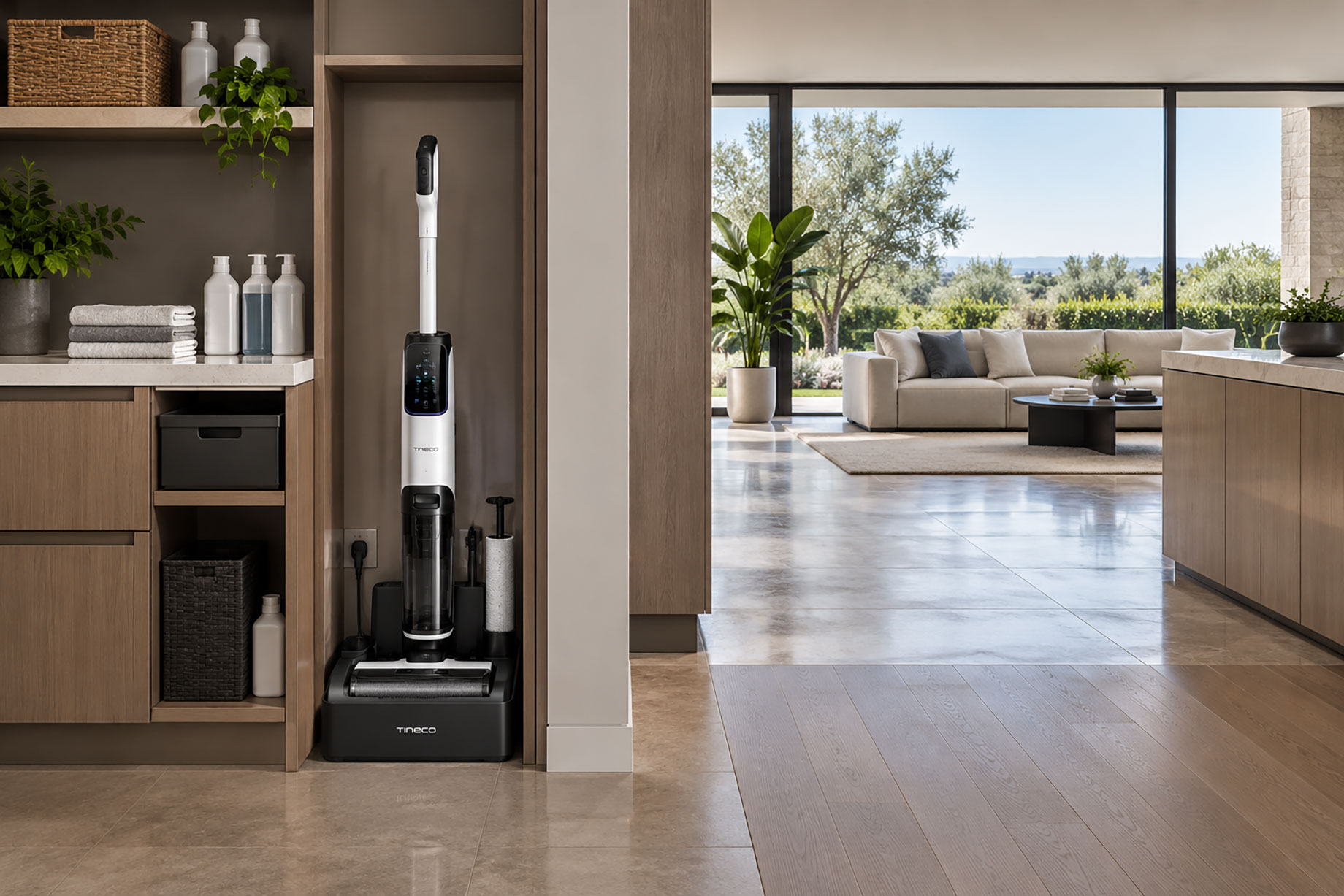 Tineco wet-dry floor cleaner docked in a built-in utility niche beside a contemporary living area with wood and stone flooring.