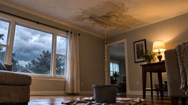 Water dripping through a stained living room ceiling into a bucket during heavy rain outside.