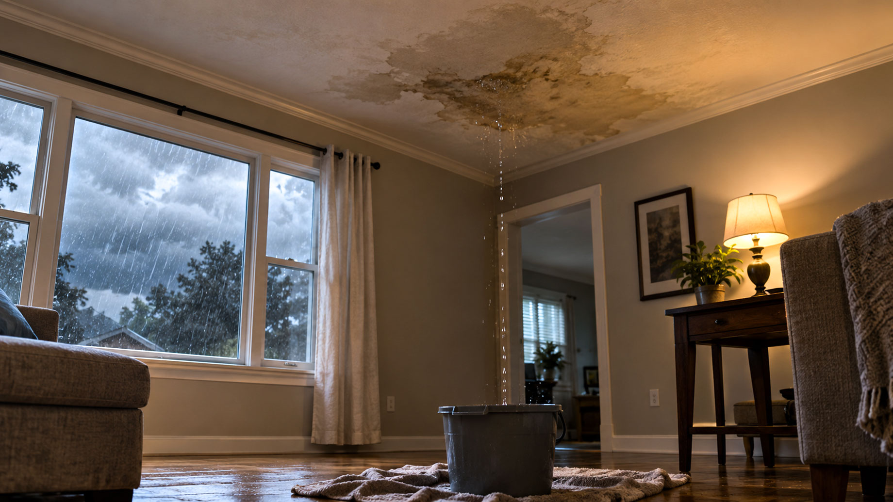 Water dripping through a stained living room ceiling into a bucket during heavy rain outside.