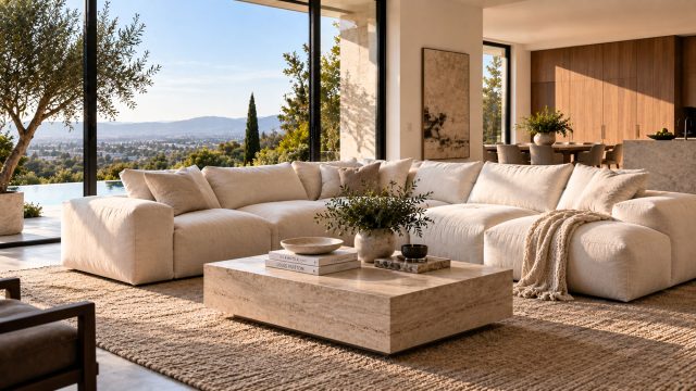 Ivory modular sectional with oversized cushions and a knit throw beside a stone coffee table and floor-to-ceiling windows overlooking hills.