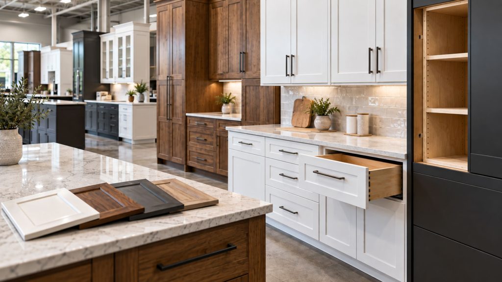 White, wood, and charcoal cabinets in a showroom, with an open wooden drawer and four cabinet door samples on a pale countertop.