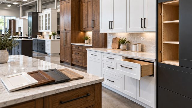 White, wood, and charcoal cabinets in a showroom, with an open wooden drawer and four cabinet door samples on a pale countertop.
