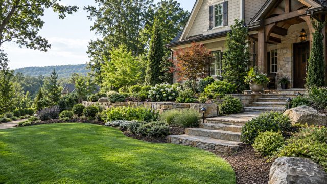 North Georgia home with stone retaining walls, layered planting beds, lawn, outdoor steps, and mature trees overlooking wooded hills.
