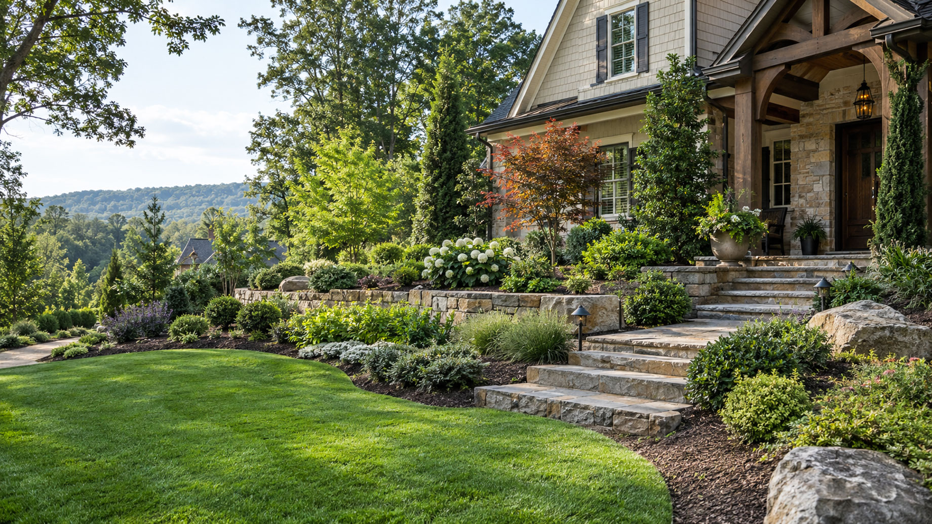 North Georgia home with stone retaining walls, layered planting beds, lawn, outdoor steps, and mature trees overlooking wooded hills.