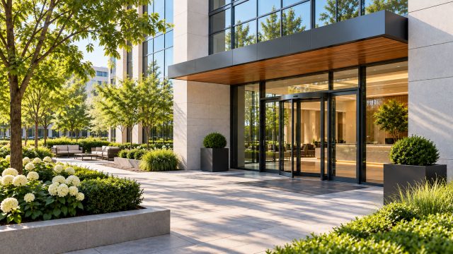 Glass-fronted office entrance with a wood-lined canopy, planted stone borders, and outdoor seating beneath leafy trees.