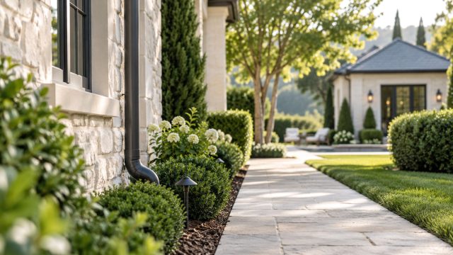 Stone walkway beside a home’s downspout and flowering borders, leading toward a detached garden building surrounded by trimmed hedges.