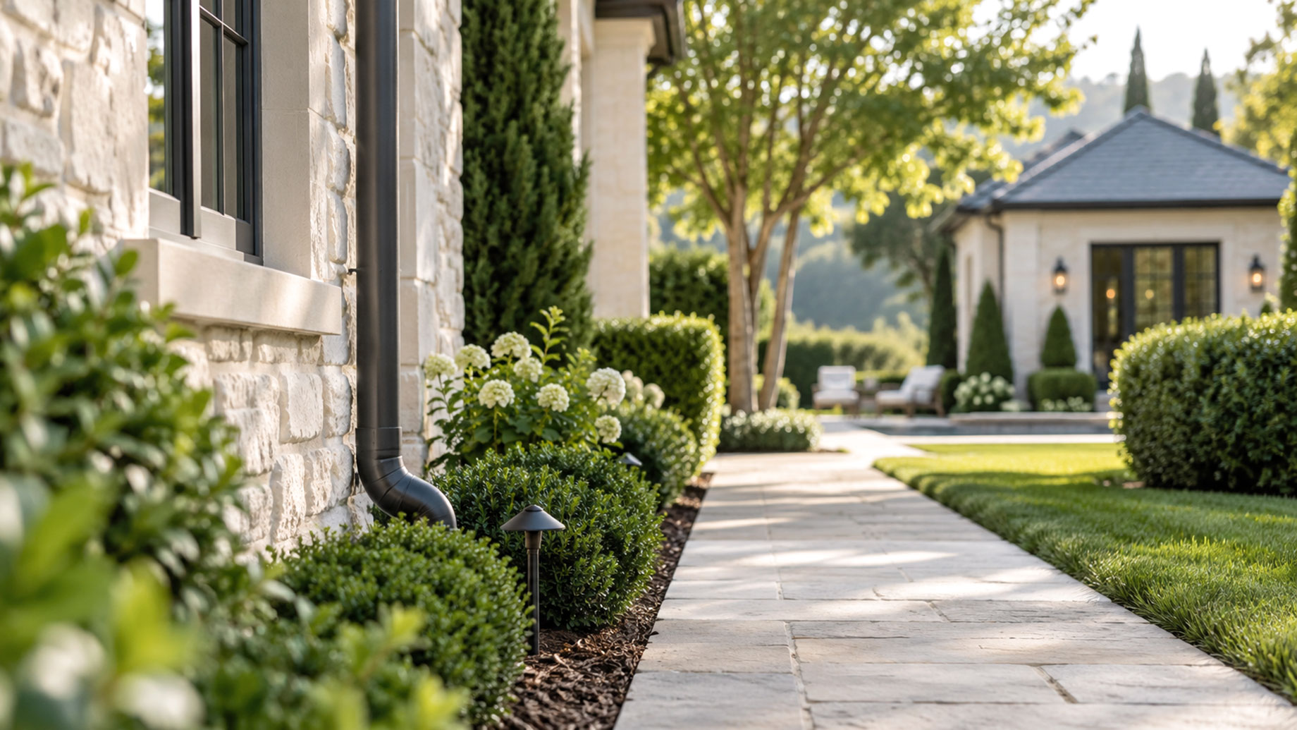 Stone walkway beside a home’s downspout and flowering borders, leading toward a detached garden building surrounded by trimmed hedges.