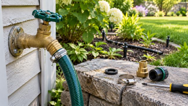 Leaking brass outdoor faucet connected to a green garden hose with spare washers, hose clamps, fittings, and a screwdriver nearby.