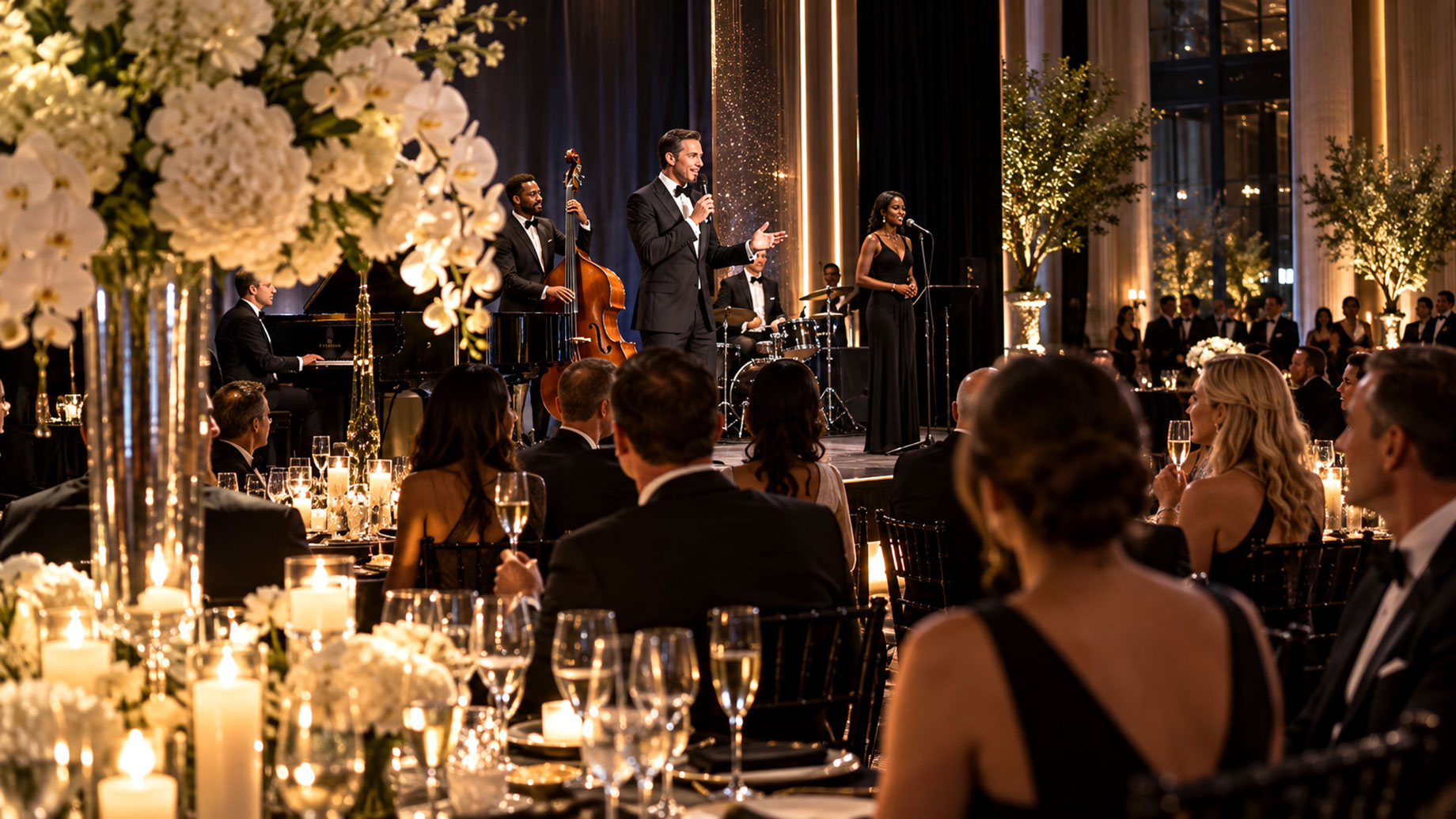 Elegant black-tie gala with a professional emcee, live jazz musicians, formally dressed guests, candlelit tables, and luxurious white floral arrangements.
