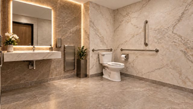 Commercial bathroom with marble-look walls, a wall-mounted sink, a backlit mirror, and metal grab bars beside the toilet.