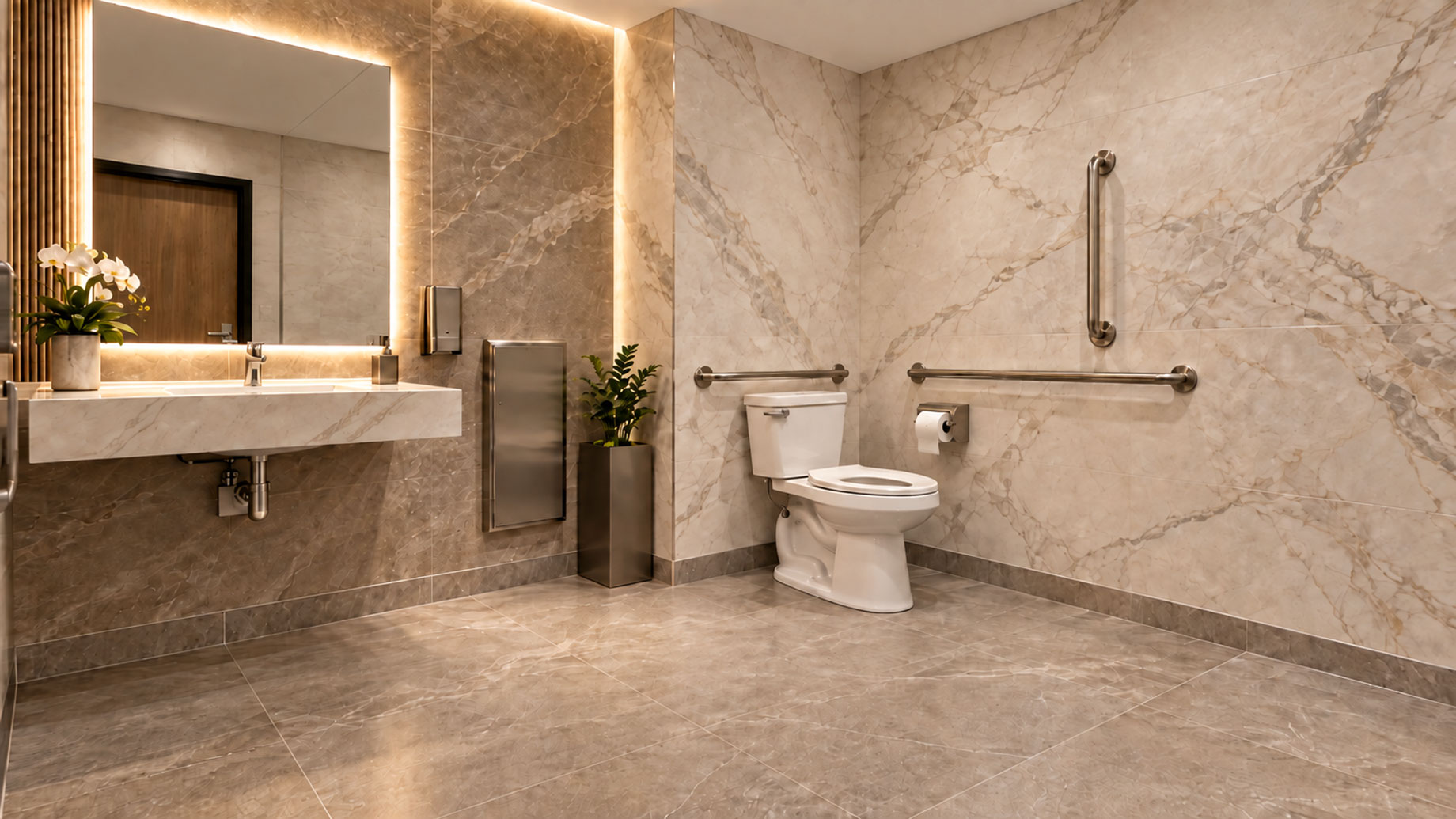Commercial bathroom with marble-look walls, a wall-mounted sink, a backlit mirror, and metal grab bars beside the toilet.
