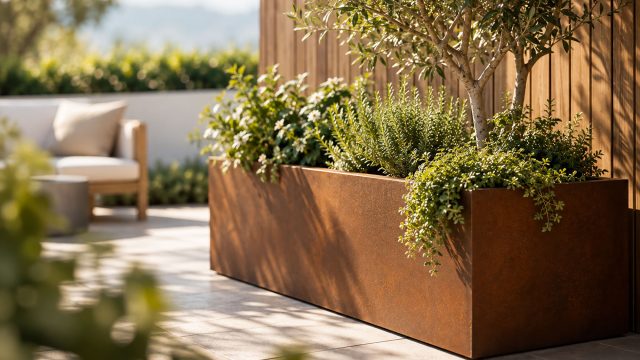 Large corten steel planter box on a sunlit patio with a small tree, rosemary, trailing greenery, and flowers against a timber wall.