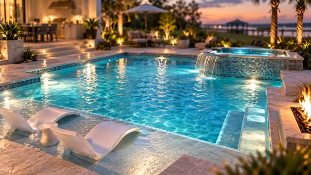 Luxury custom pool at twilight with an integrated spa, waterfall, tanning ledge, submerged loungers, underwater lighting, and fire feature.