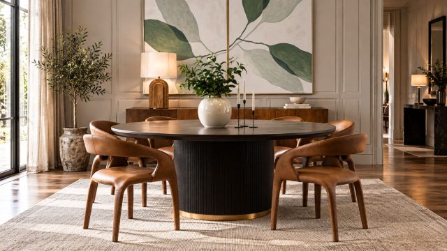 Round dark wood dining table with a fluted pedestal base, cognac leather chairs, botanical artwork, greenery, and warm natural light.