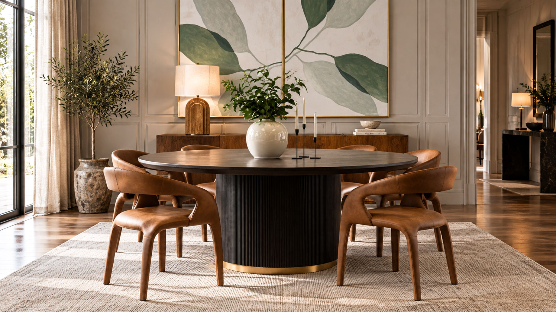 Round dark wood dining table with a fluted pedestal base, cognac leather chairs, botanical artwork, greenery, and warm natural light.