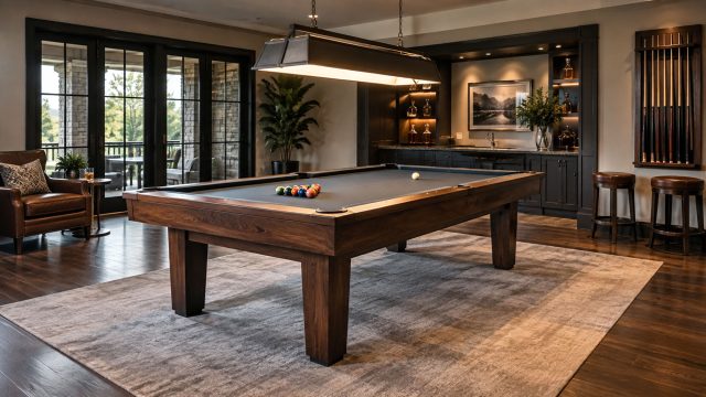 Wood-framed pool table with grey cloth beneath a dedicated overhead light in a refined game room with seating, cue storage, and built-in cabinetry.