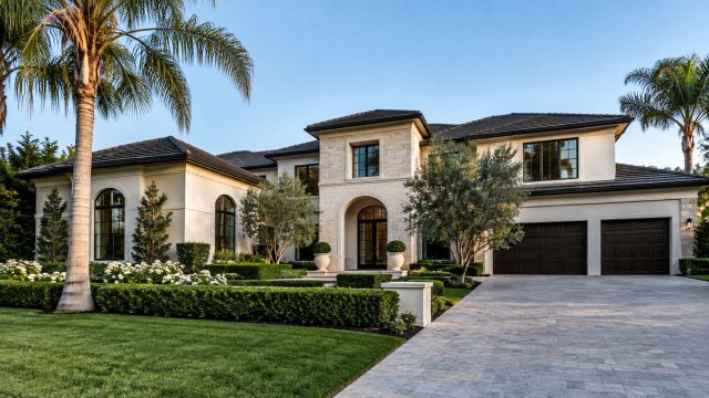 Two-story luxury home with a stone entrance, dark garage doors, palm trees, trimmed hedges, and a broad paved driveway.