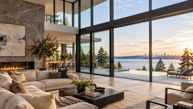 Cream seating and a stone fireplace in a double-height living room, with expansive windows overlooking a waterfront terrace at sunset.