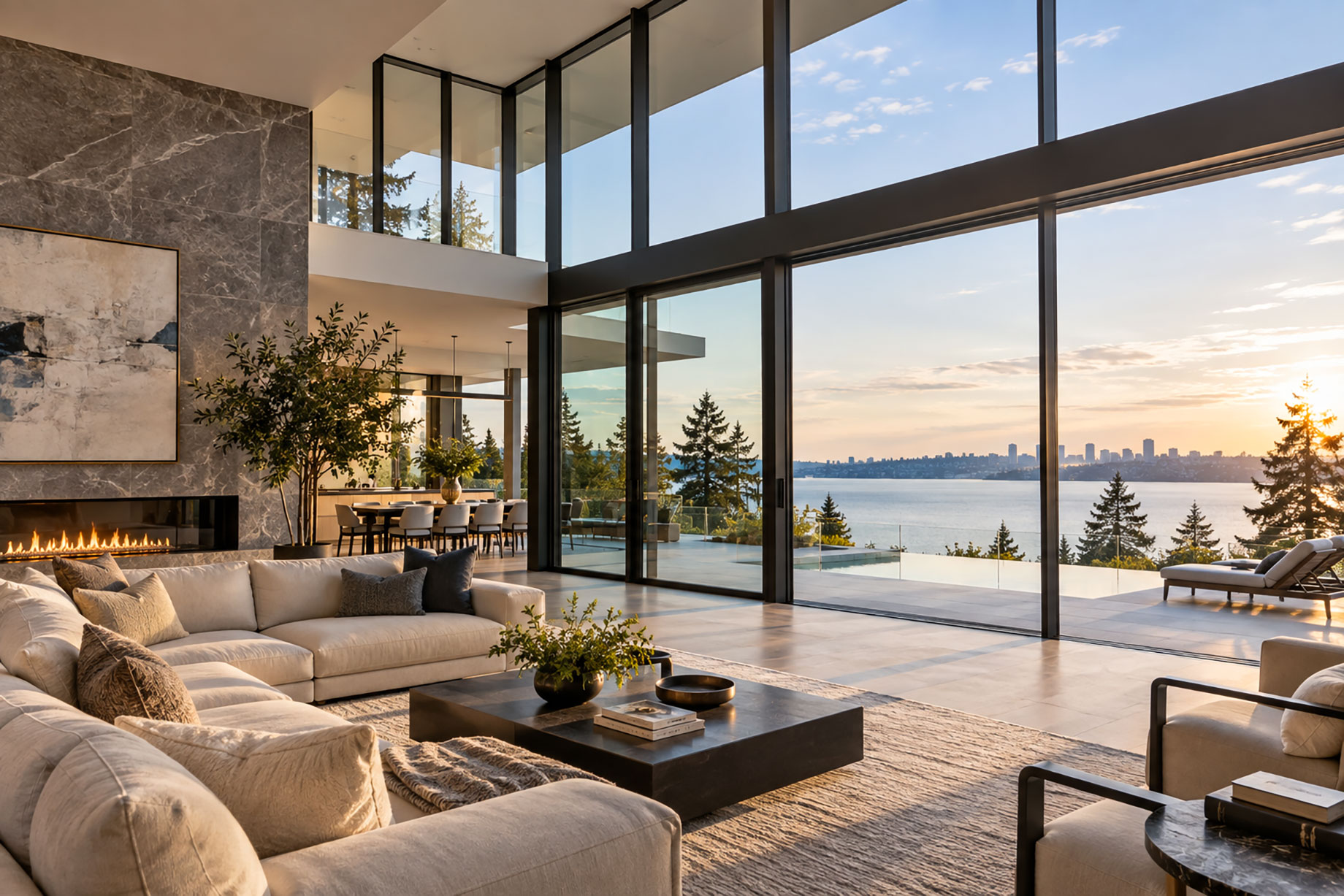 Cream seating and a stone fireplace in a double-height living room, with expansive windows overlooking a waterfront terrace at sunset.
